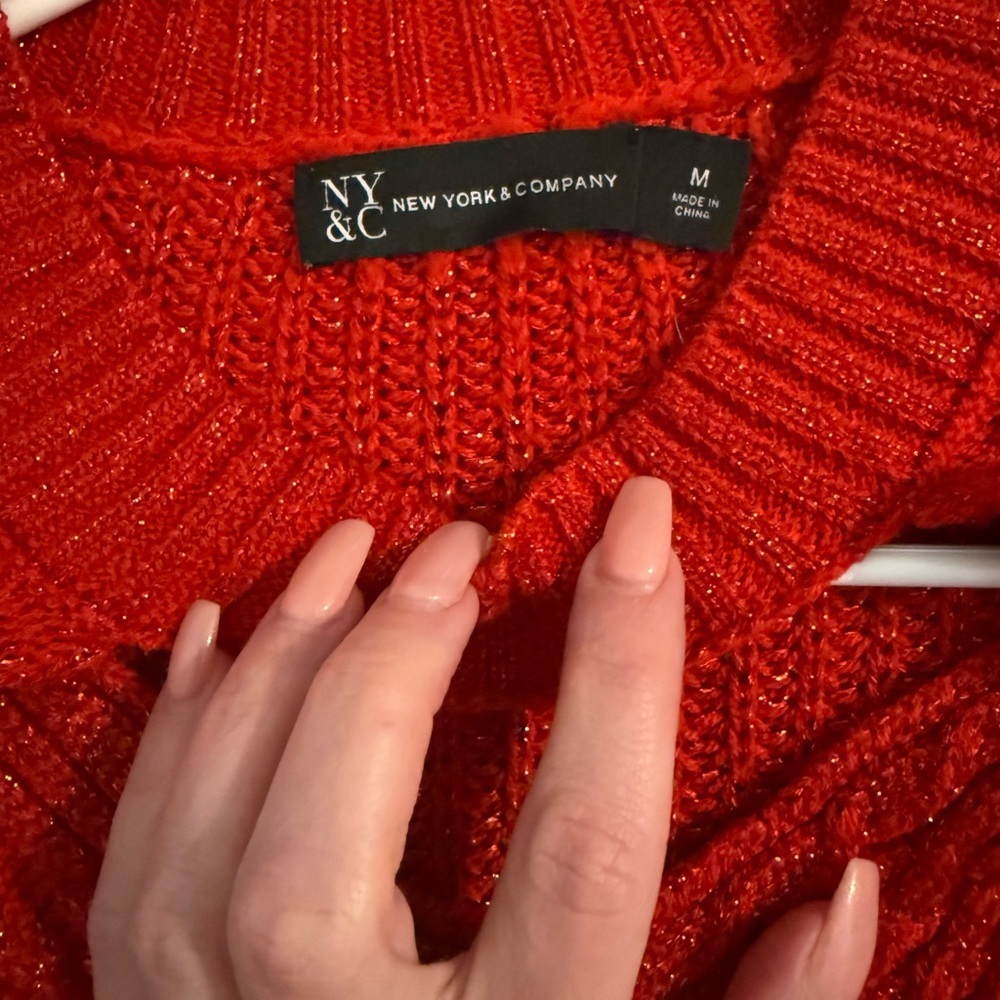 New York & Company Red Knit Sweater Size M Cozy Cutout Neck Trendy Fall/Winter - Picture 3 of 4